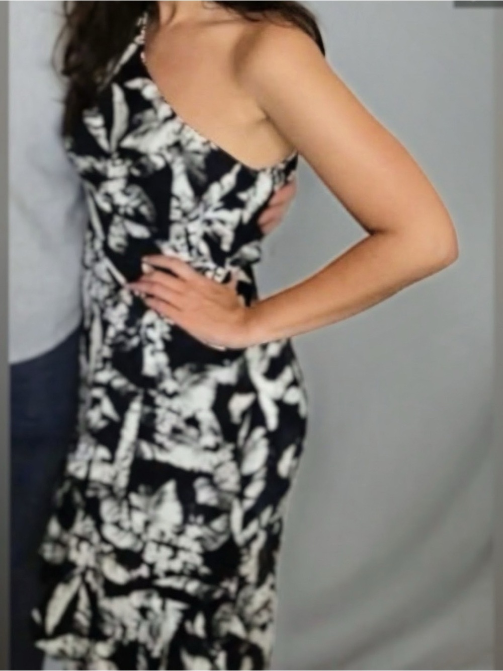 Black & White Botanical Print One Shoulder High Low Dress
